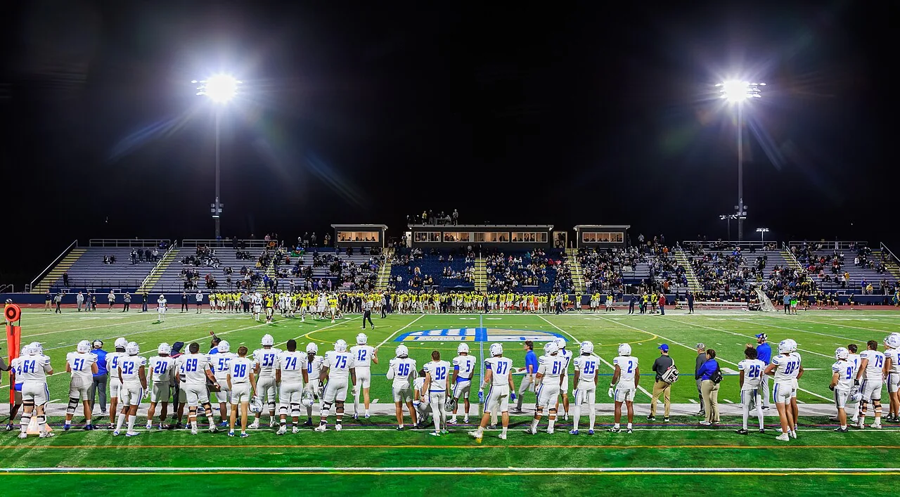 Duane Stadium at Merrimack College during a night football game