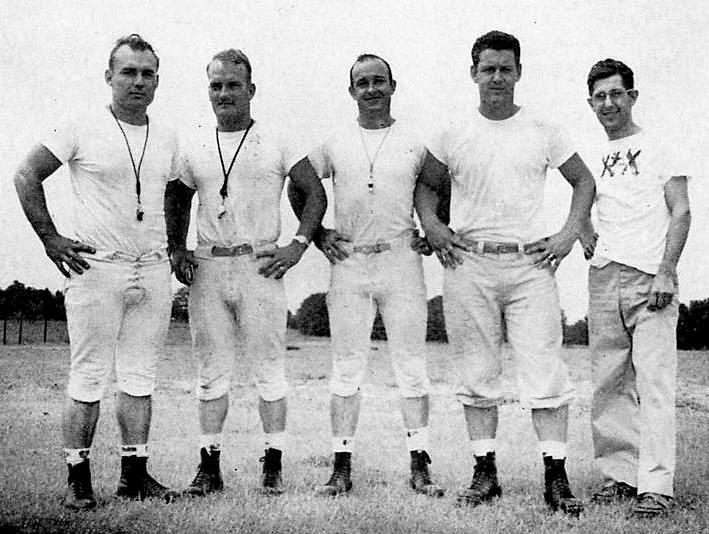Historical photograph of Florida State football coaches from classic era