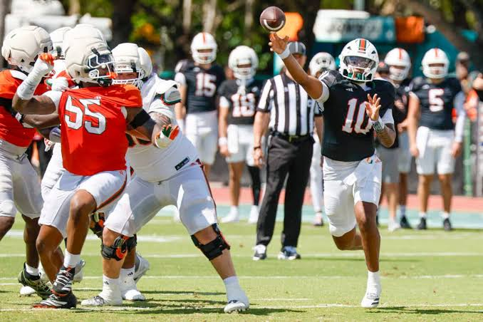 Miami Hurricanes players executing a football play during live game action with precision, intensity, and athletic skill, demonstrating the speed and aggressiveness the program is known for.