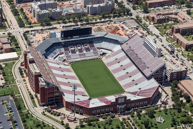 Gaylord Family Oklahoma Memorial Stadium in Norman packed with crimson and cream supporters