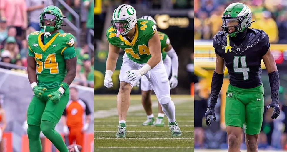 Three Oregon defenders pictured in different uniform combinations, including green, white and black